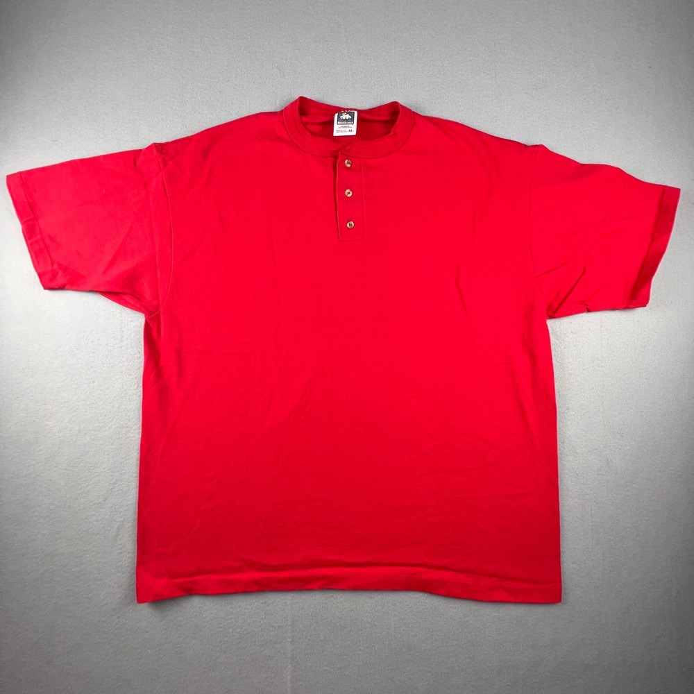 VTG Cotton Deluxe Henley Shirt Mens XL Red Short Sleeve Cotton USA Casual Retro